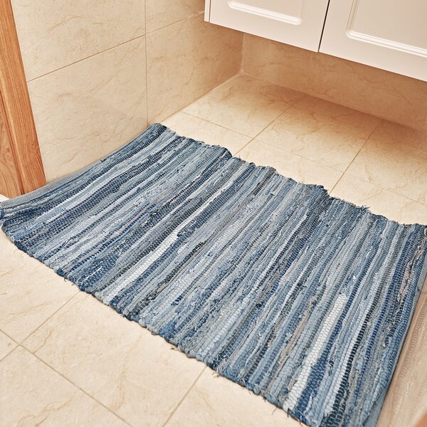 Ebern Designs Denim Rag Rug Washable Cotton Hand Woven Reversible Blue Striped Recycled Throw Rug Entryway Laundry Room Kitchen%2C2'×3' 